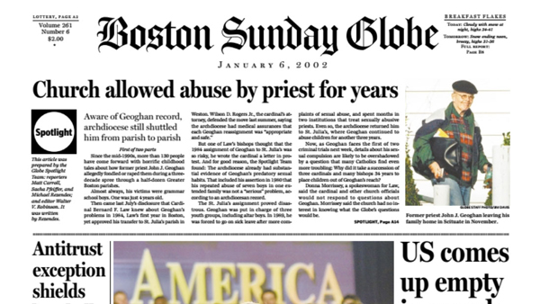Naslovnica Boston Globea iz siječnja 2002. godine (creativescreenwriting.com)